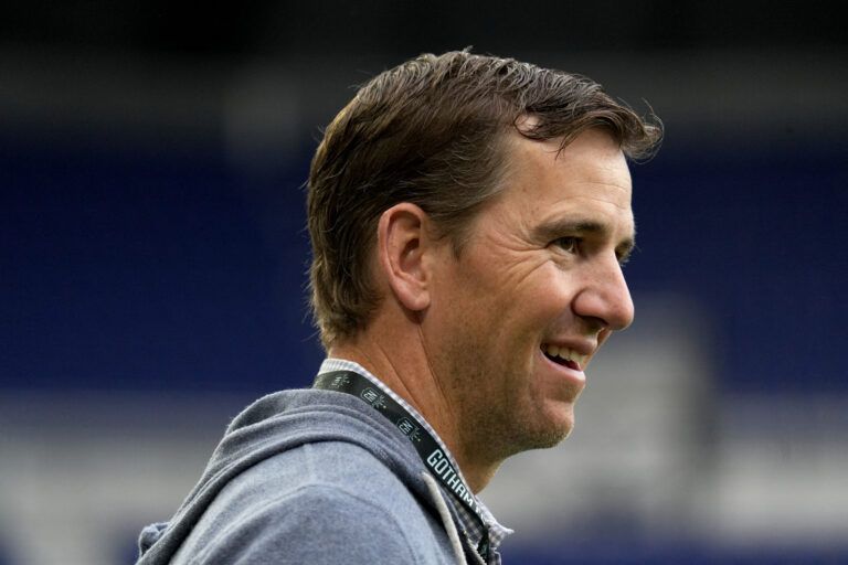 NJ/NY Gotham FC minority owner Eli Manning looks on before a 2024 NWSL Playoffs quarterfinal match against Portland Thorns FC at Red Bull Arena.