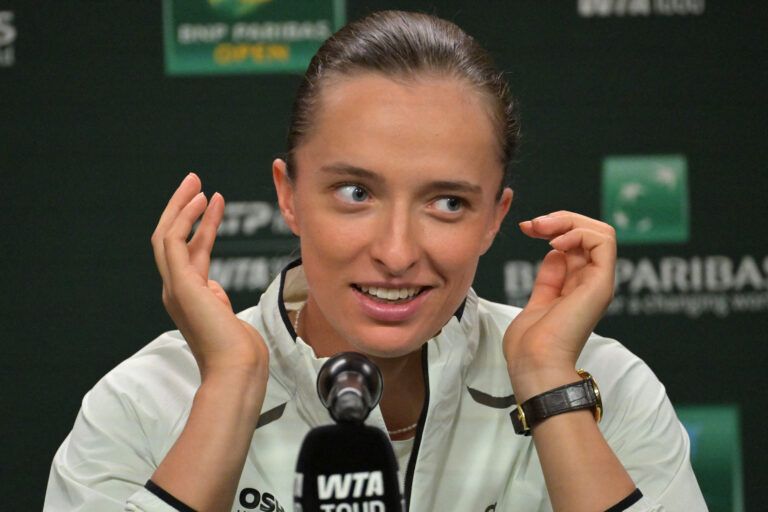 Iga Swiatek (POL) speaks to the media at a news conference during the BNP Paribas Open at the Indian Wells Tennis Garden.