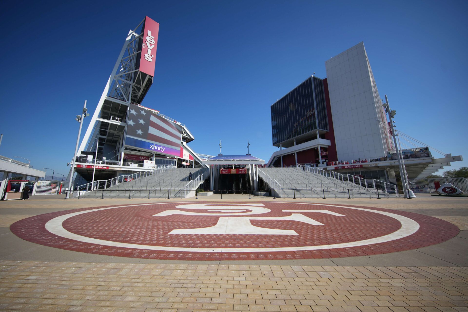 The San Francisco 49ers logo at the entrance as seen before the game against the Atlanta Falcons at Levi's Stadium.