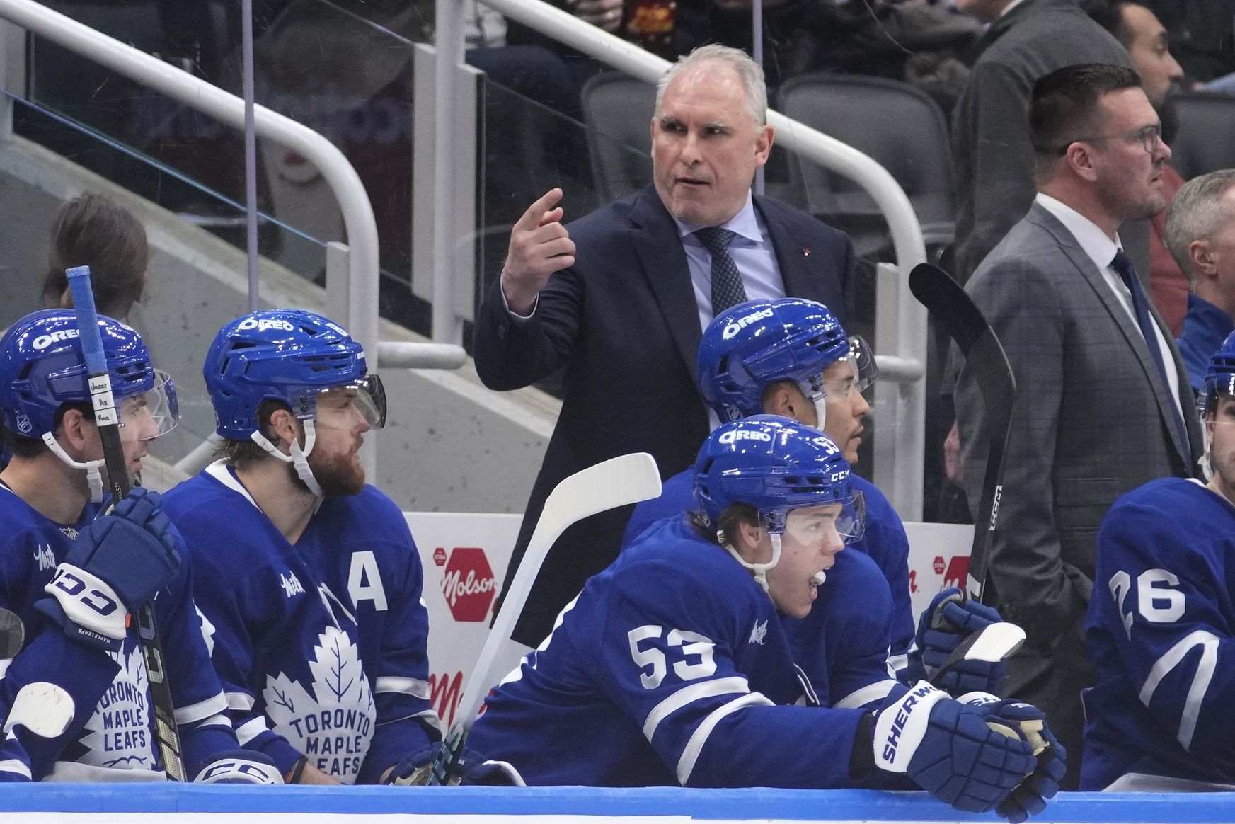 Toronto Maple Leafs head coach Craig Berube directs a player onto the ice  during the third period against the New York Rangers at Scotiabank Arena.