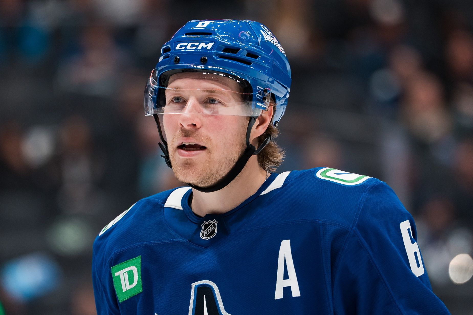 Vancouver Canucks forward Brock Boeser (6) during a stop in play against the Los Angeles Kings in the third period at Rogers Arena.