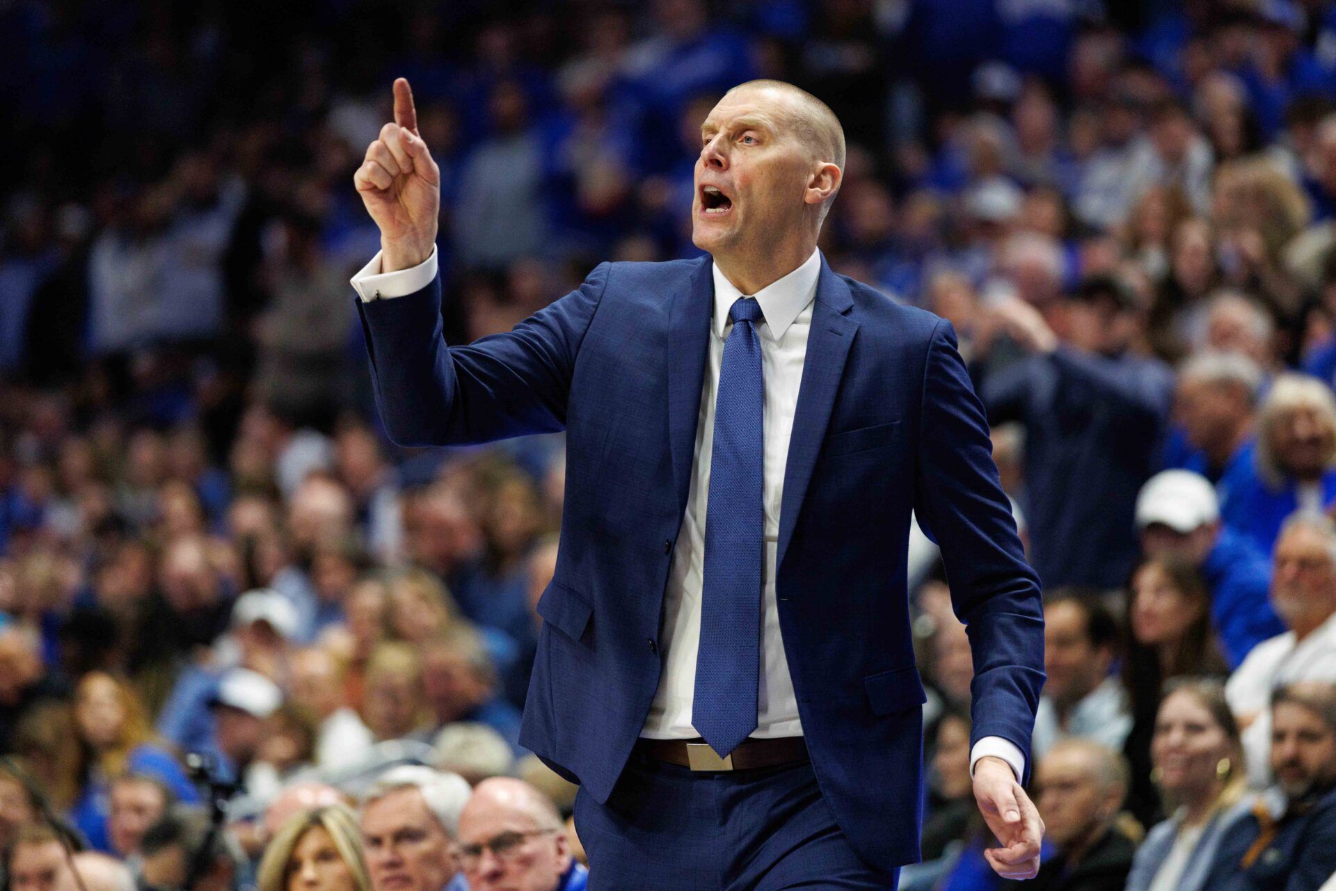 Kentucky Wildcats head coach Mark Pope directs his players during the second half against the Arkansas Razorbacks at Rupp Arena at Central Bank Center.