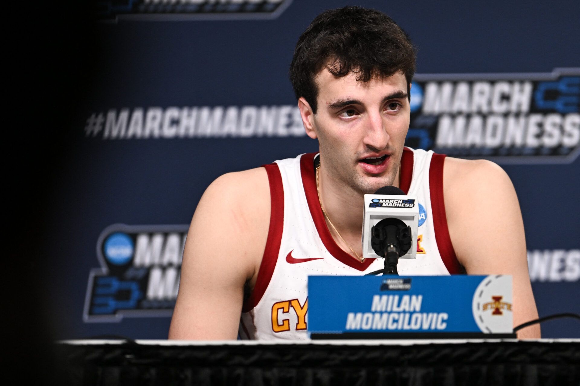 Iowa State Cyclones forward Milan Momcilovic (22) speaks during the postgame press conference after the game against the Kentucky Wildcats during a second round game of the men's 2026 NCAA Tournament at Enterprise Center.