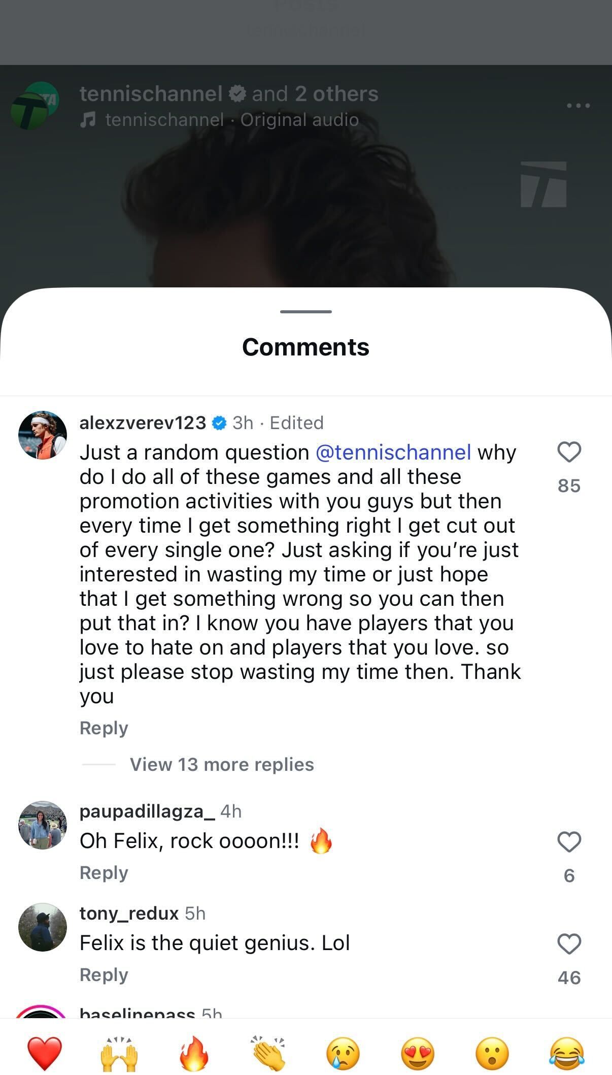 Screengrab of Alexander Zverev's Comment