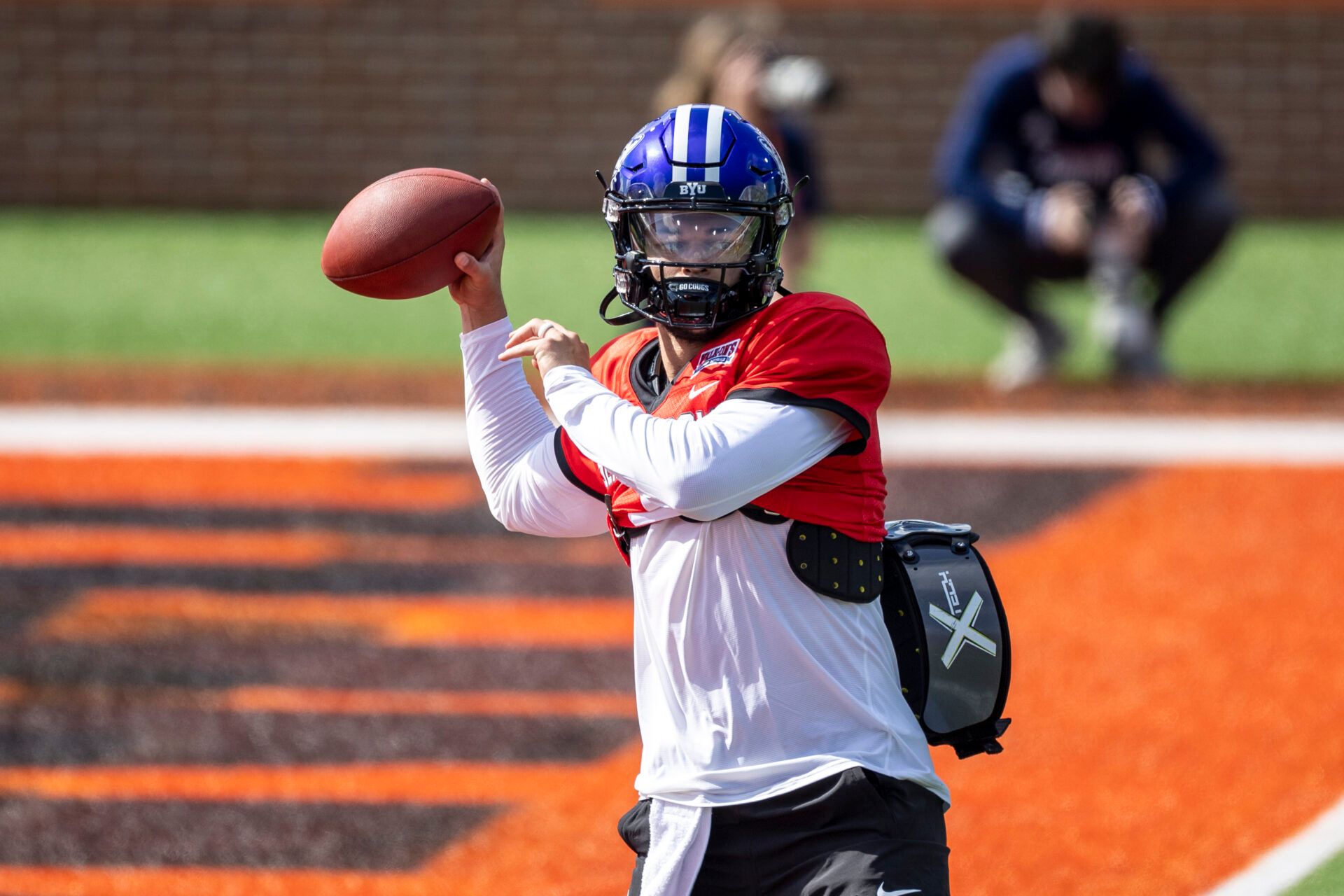 National quarterback Jaren Hall of Brigham Young (3) practices during the first day of Senior Bowl week at Hancock Whitney Stadium in Mobile.