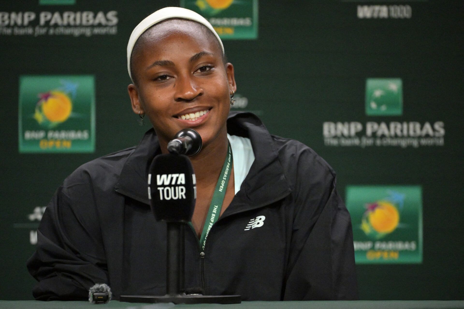Coco Gauff (USA) speaks to the media at a news conference during the BNP Paribas Open at the Indian Wells Tennis Garden.