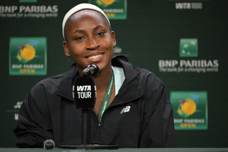 Coco Gauff (USA) speaks to the media at a news conference during the BNP Paribas Open at the Indian Wells Tennis Garden.