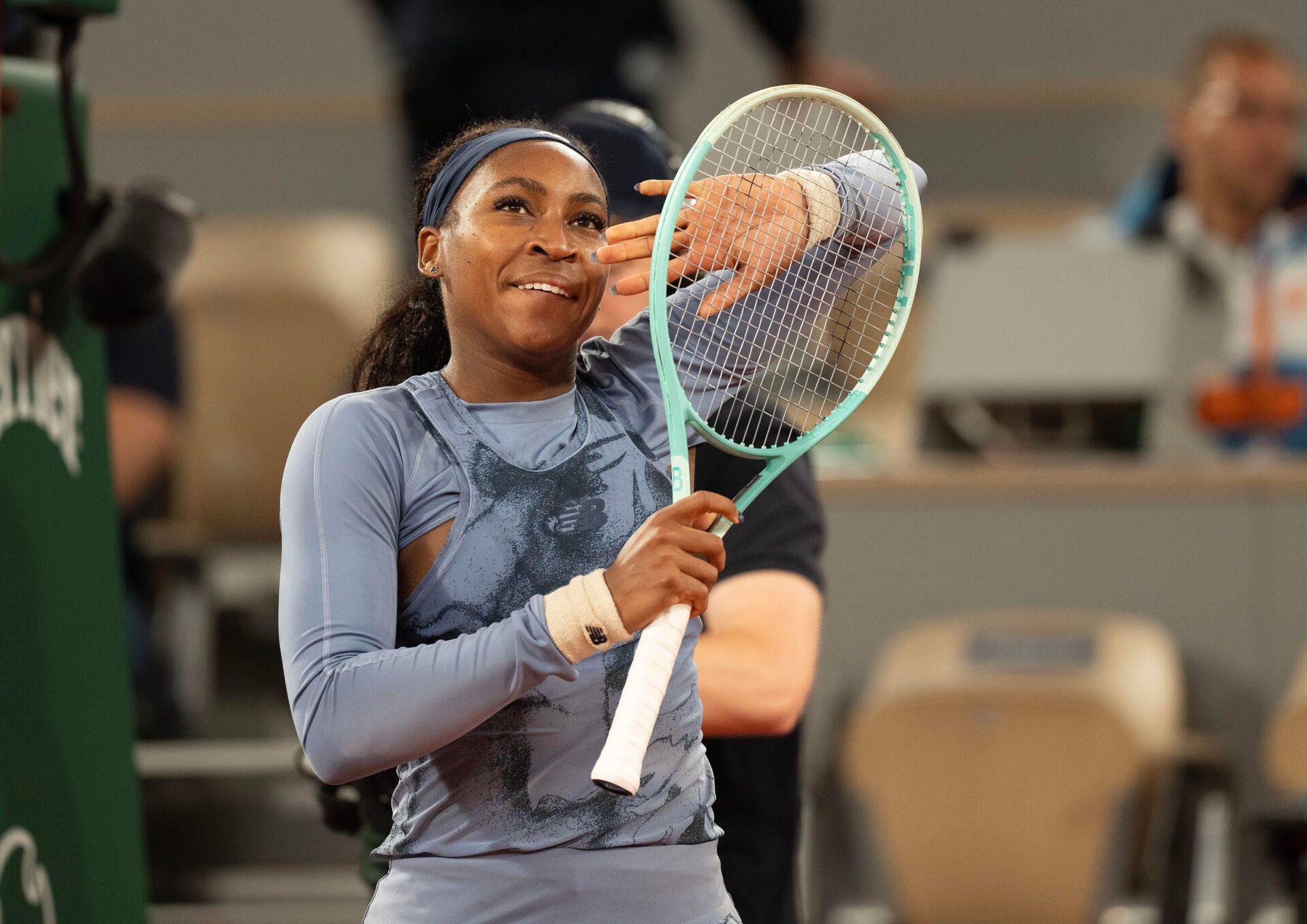 Coco Gauff of the United States celebrates winning her match  against Madison Keys of the United States on day 11 at Roland Garros Stadium.