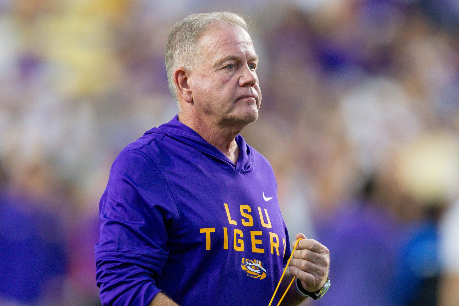 LSU Tigers head coach Brian Kelly looks on against the South Carolina Gamecocks during the first half at Tiger Stadium.