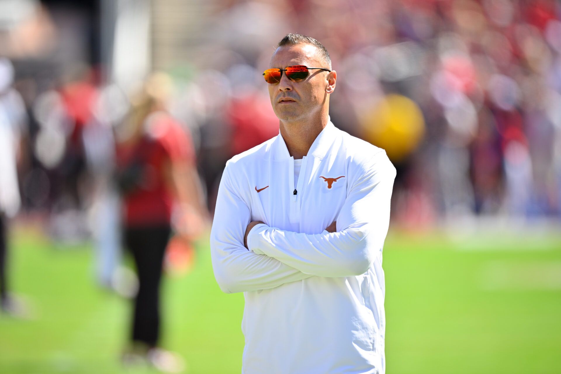 Texas Longhorns head coach Steve Sarkisian looks on during the game between the Texas Longhorns and the Oklahoma Sooners at the Cotton Bowl.