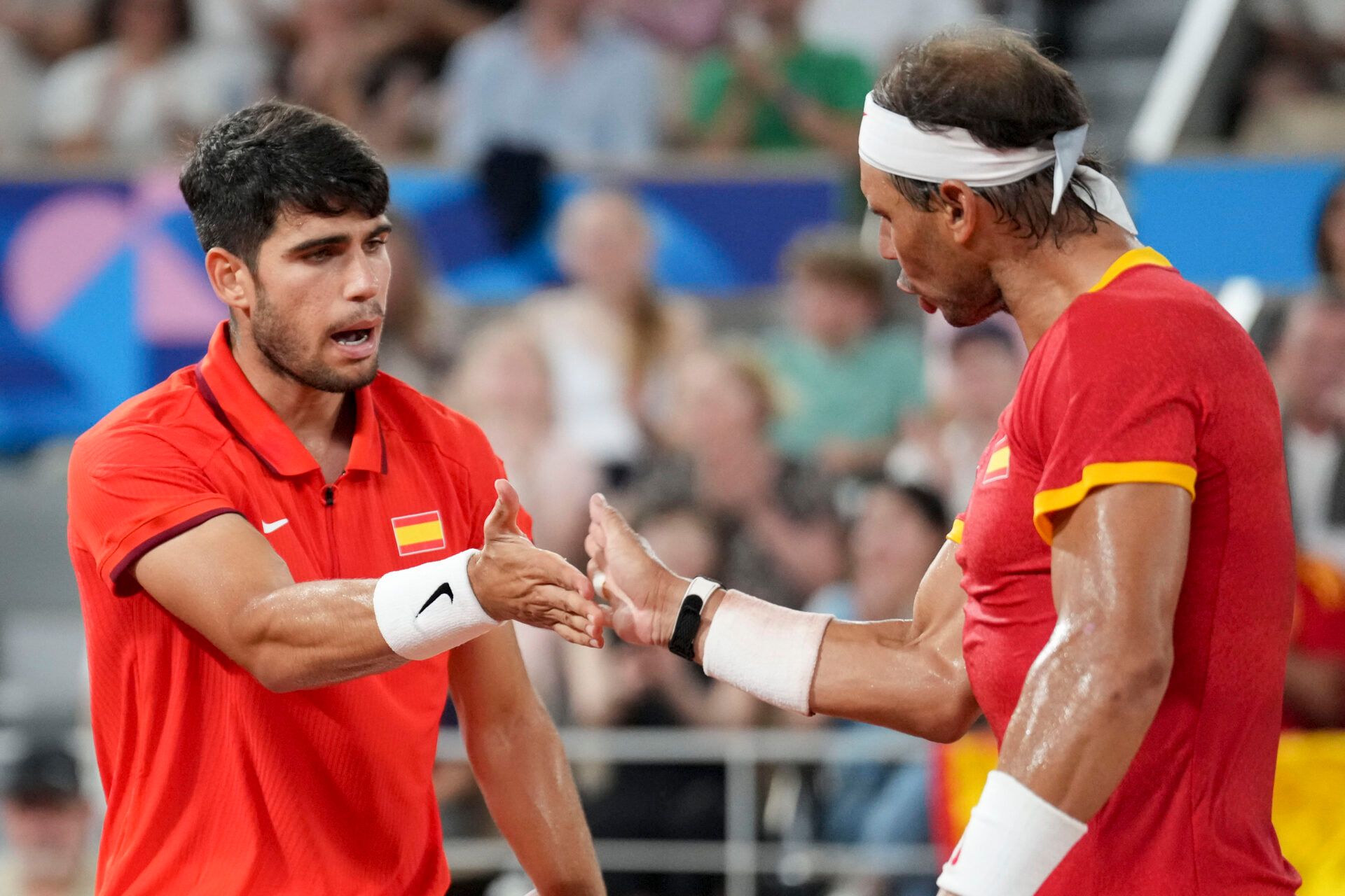 Carlos Alcaraz (Spain) and Rafael Nadal (Spain) during the Paris 2024 Olympic Summer Games at Stade Roland Garros.