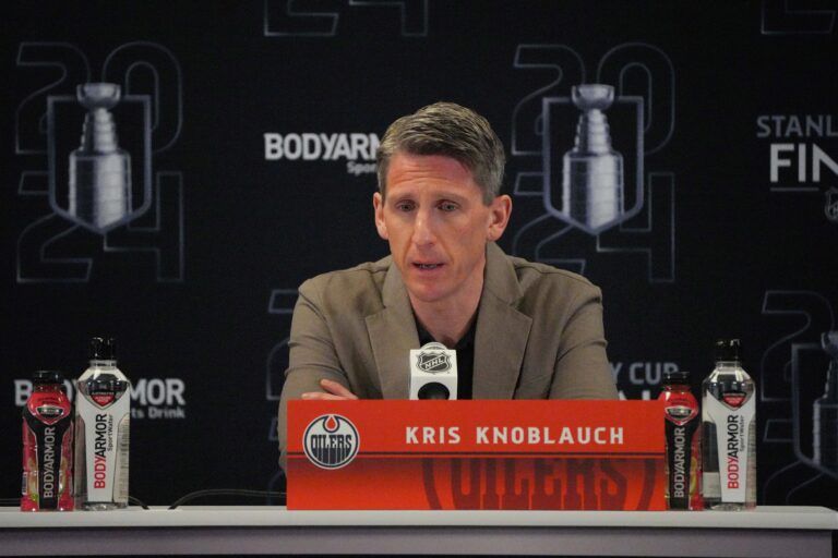 Edmonton Oilers head coach Kris Knoblauch takes questions during media day in advance of the 2024 Stanley Cup Final at Amerant Bank Arena.