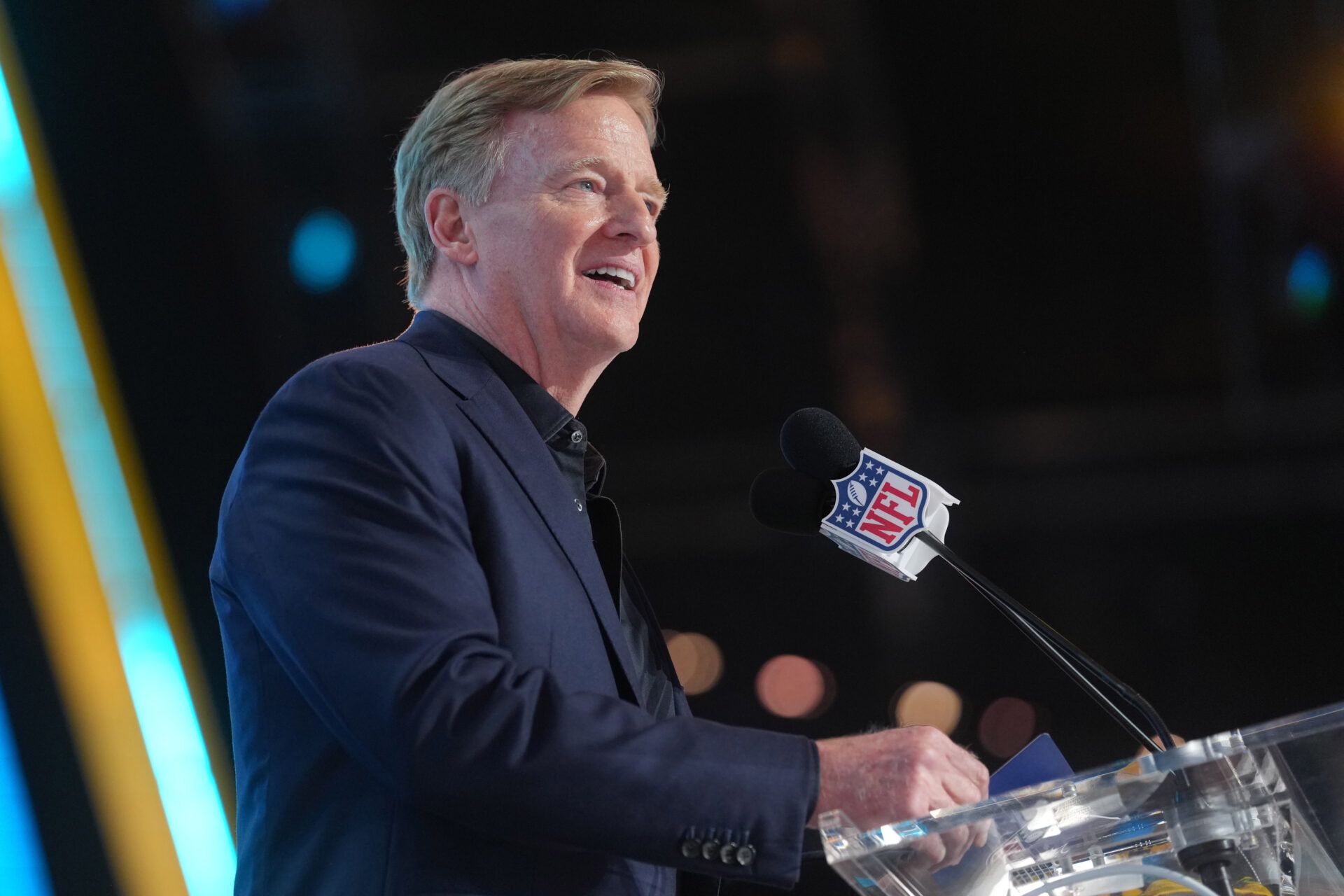 NFL commissioner Roger Goodell during the 2026 NFL Draft at Acrisure Stadium.