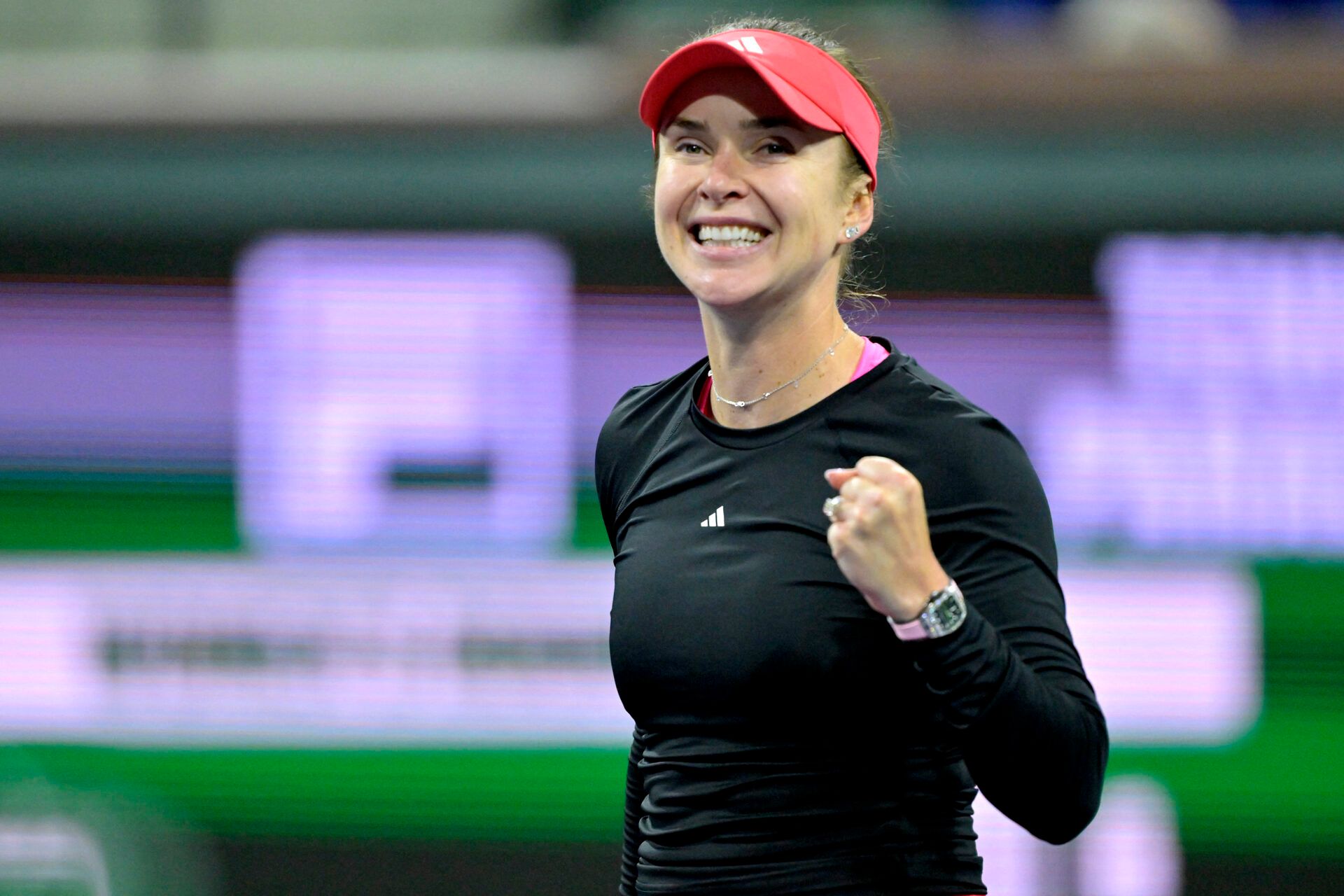 Elina Svitolina (UKR) celebrates at match point after defeating Jessica Pegula (not pictured) in her fourth round match at the BNP Paribas Open the at Indian Well Tennis Garden.
