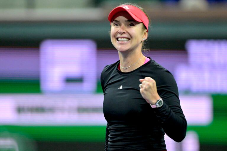 Elina Svitolina (UKR) celebrates at match point after defeating Jessica Pegula (not pictured) in her fourth round match at the BNP Paribas Open the at Indian Well Tennis Garden.