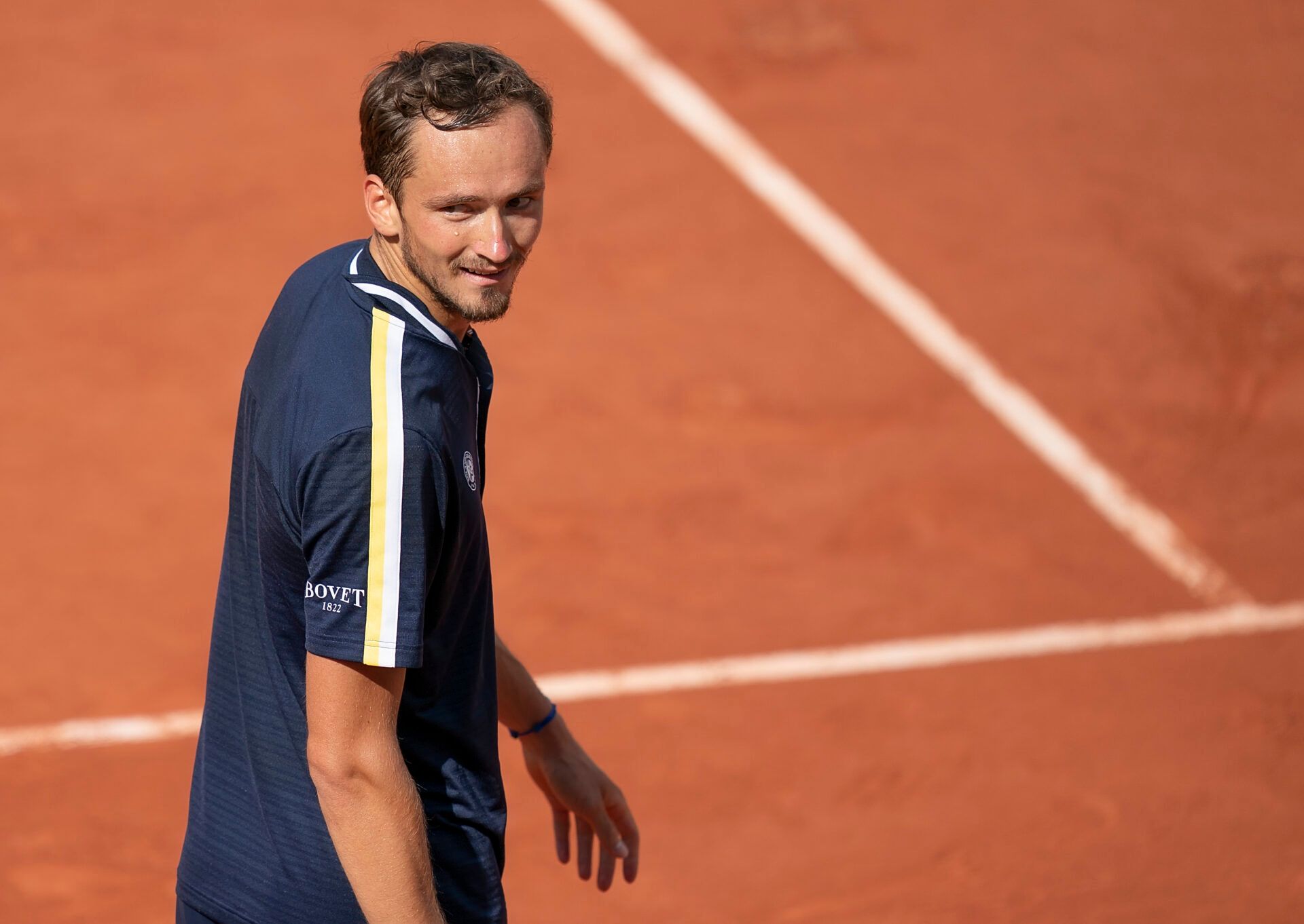 Daniil Medvedev (RUS) reacts during his match against Cristian Garin (CHI) on day eight of the French Open at Stade Roland Garros.