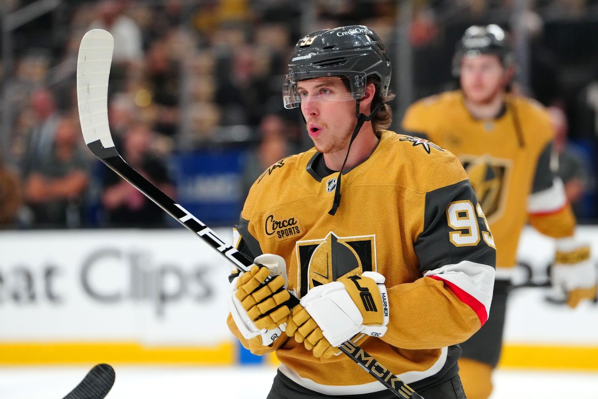 Vegas Golden Knights right wing Mitch Marner (93) warms up before the start of game five against the Anaheim Ducks in the second round of the 2026 Stanley Cup Playoffs at T-Mobile Arena.