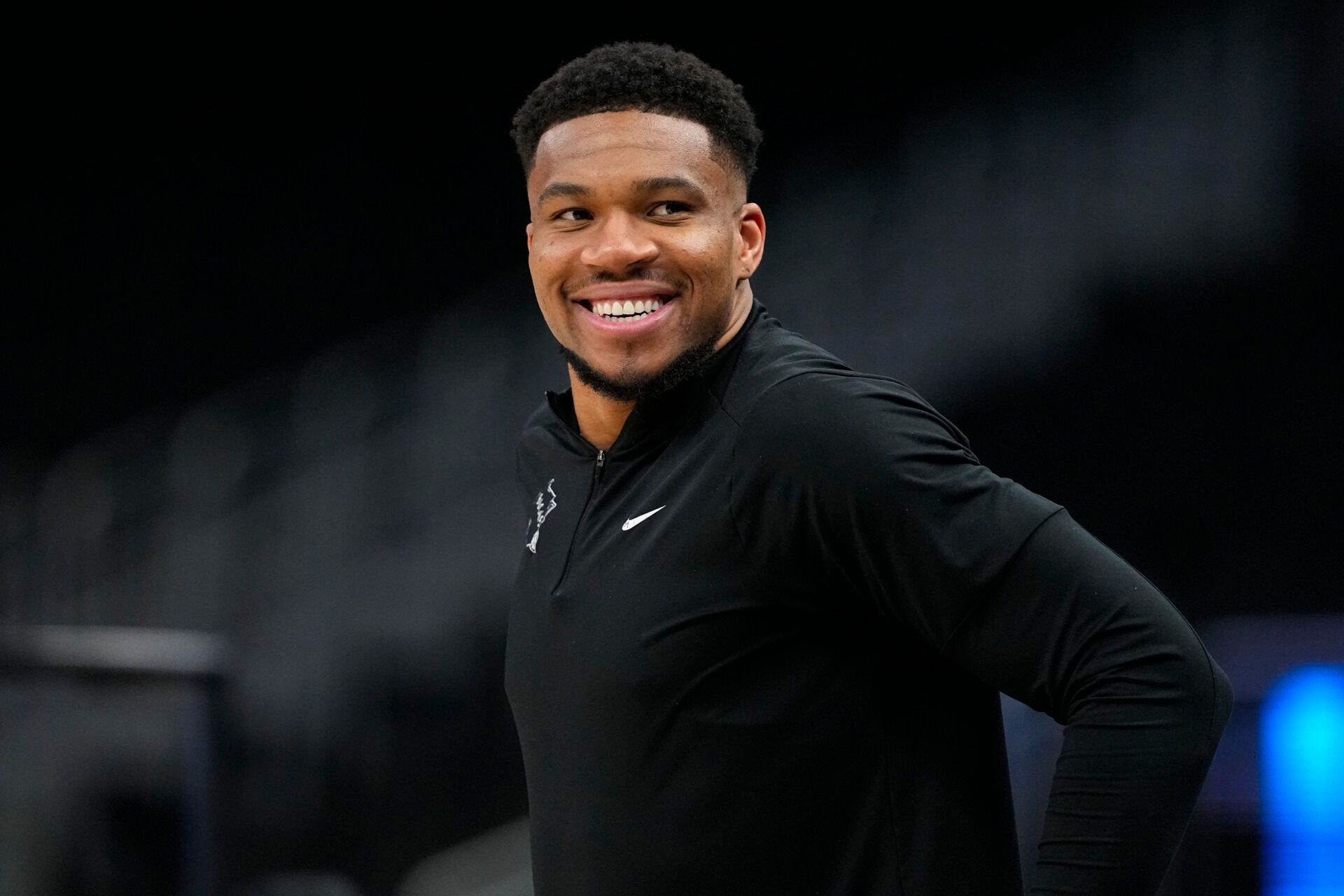Milwaukee Bucks forward Giannis Antetokounmpo looks on during warmups prior to the game against the Brooklyn Nets at Fiserv Forum.