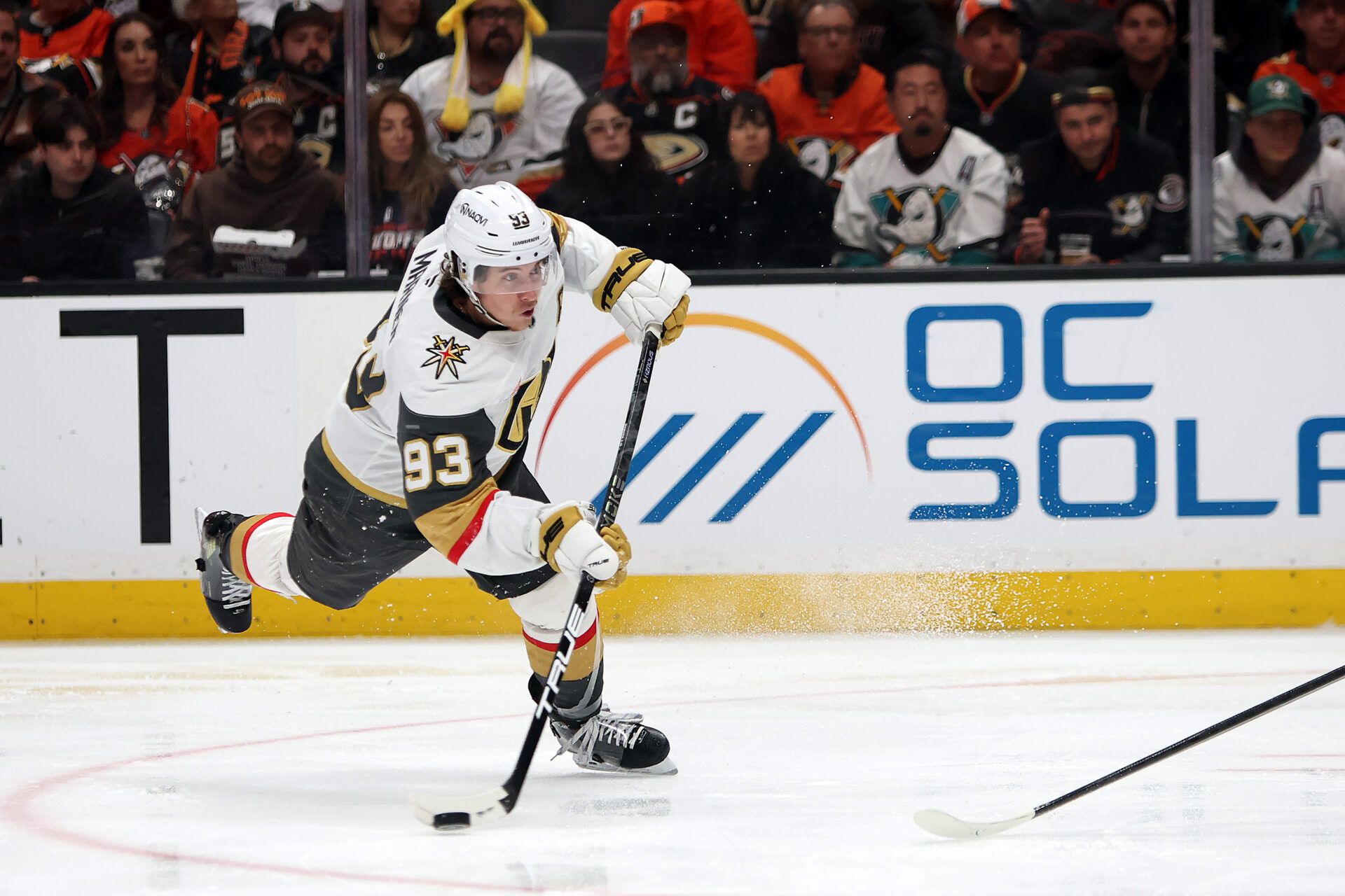 Vegas Golden Knights right wing Mitch Marner (93) takes a slapshot during the third period against the Anaheim Ducks in game six of the second round of the 2026 Stanley Cup Playoffs at Honda Center.