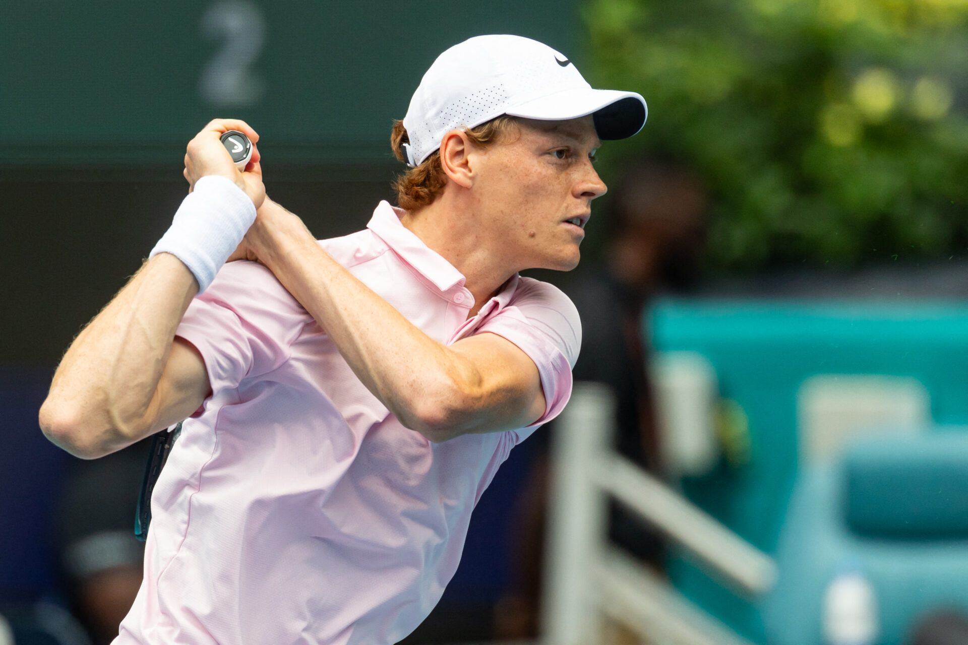 Jannik Sinner of Italy hits a backhand against Jiri Lehecka of the Czech Republic during the final of the men’s singles final of the Miami Open at the Hard Rock Stadium.