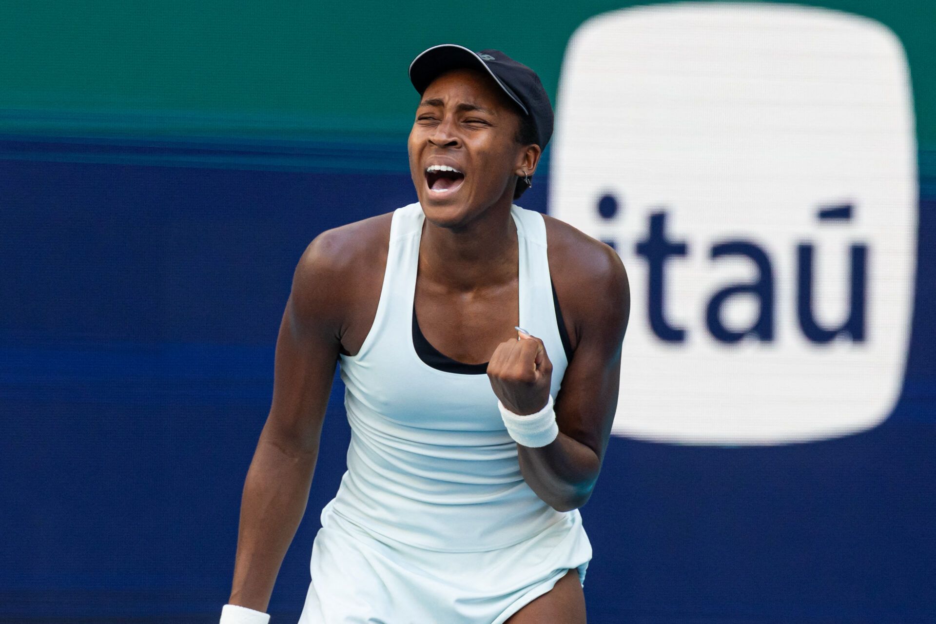 Coco Gauff of the United States celebrates during her match against Aryna Sabalenka of Belarus in the final of the women’s singles at the Hard Rock Stadium.