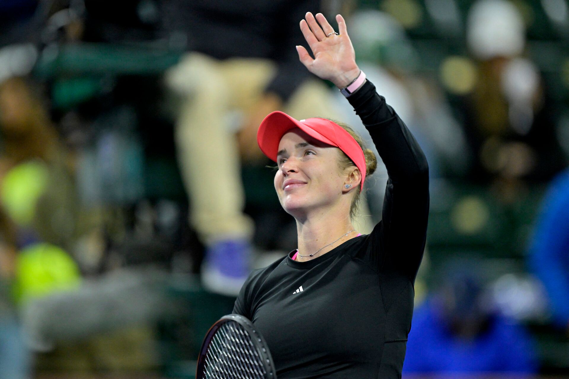 Elina Svitolina (UKR) celebrates at match point after defeating Jessica Pegula (not pictured) in her fourth round match at the BNP Paribas Open the at Indian Well Tennis Garden.