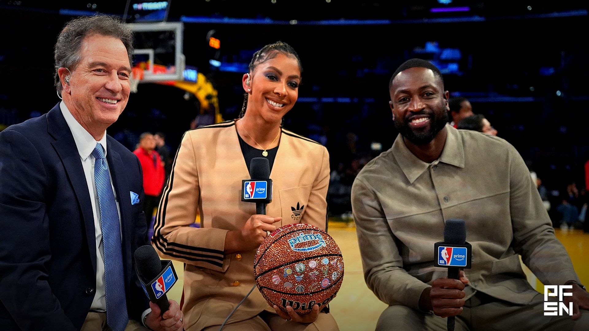 NBA on Prime play-by-play announcer Kevin Harlan (left) and analysts Candace Parker (center) and Dwayne Wade during the game between the Minnesota Timberwolves and the Los Angeles Lakers at Crypto.com Arena.