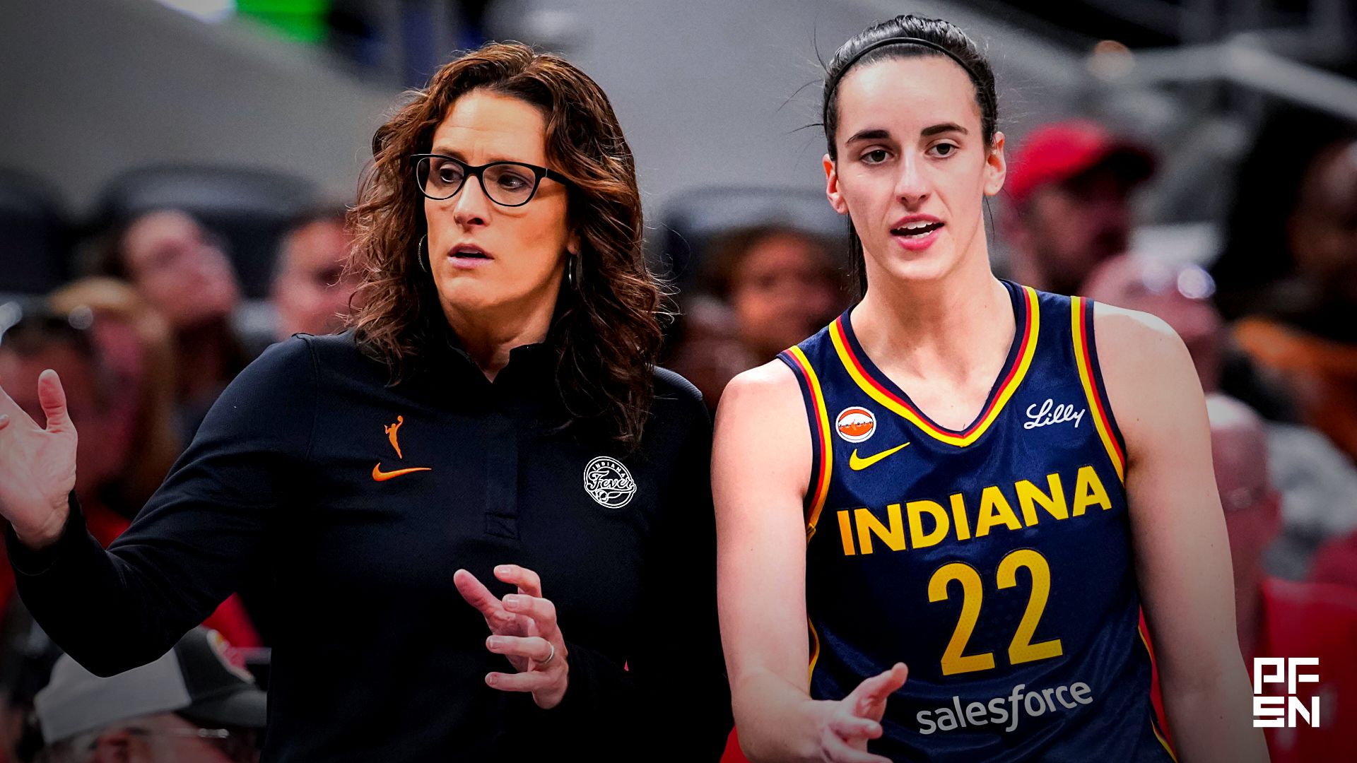 Indiana Fever head coach Stephanie White talks with Indiana Fever guard Caitlin Clark (22) on Saturday, May 2, 2026, during the first half of a preseason game at Gainbridge Fieldhouse in Indianapolis.