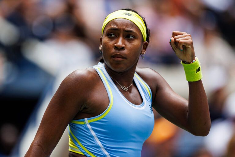 Coco Gauff of the United States reacts against Elina Svitolina of Ukraine on day five of the 2024 U.S. Open tennis tournament at the USTA Billie Jean King National Tennis Center.
