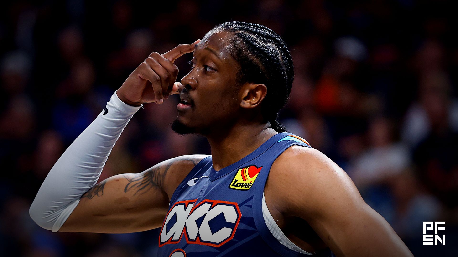 Oklahoma City Thunder guard Jalen Williams (8) gestures to his team before a play against the Phoenix Suns in the first half during game two of the first round of the 2026 NBA Playoffs at Paycom Center.