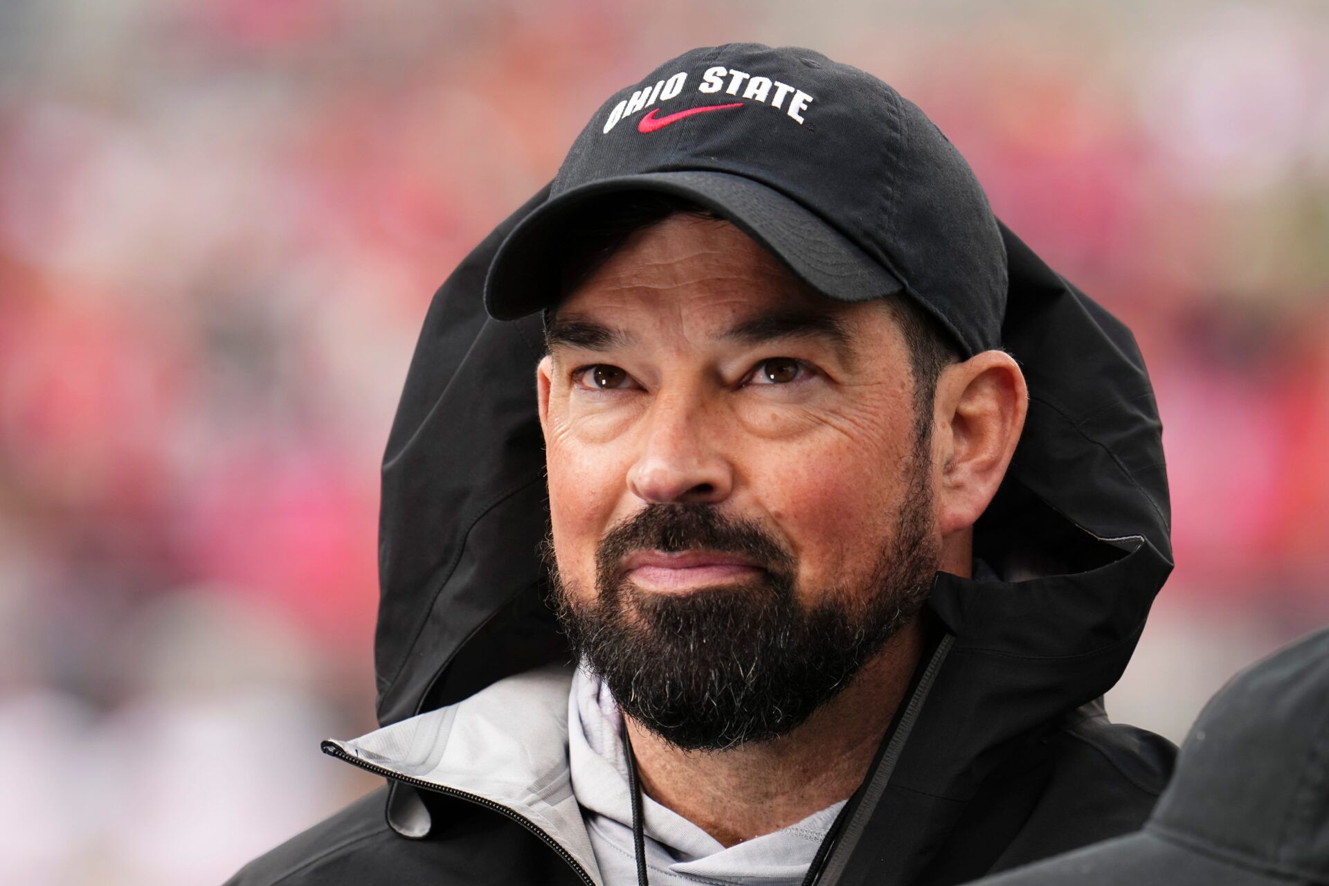 Ohio State Buckeyes head coach Ryan Day prepares for a tv interview during the Ohio State football spring game at Ohio Stadium in Columbus on April 18, 2026.