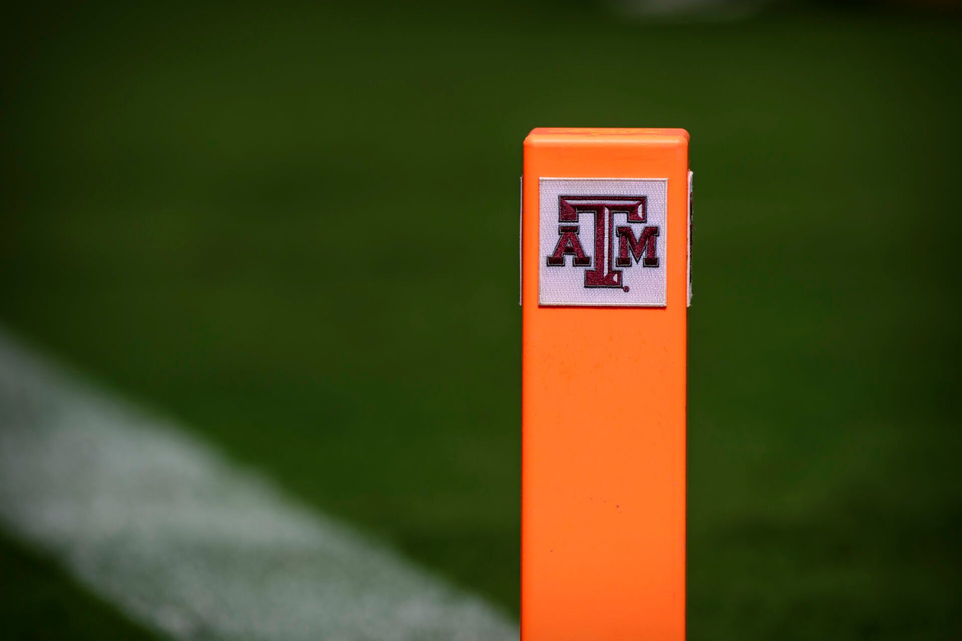 A view of the Texas A&M Aggies logo on the touchdown pylon during the game between the Texas A&M Aggies and the New Mexico Lobos at Kyle Field.
