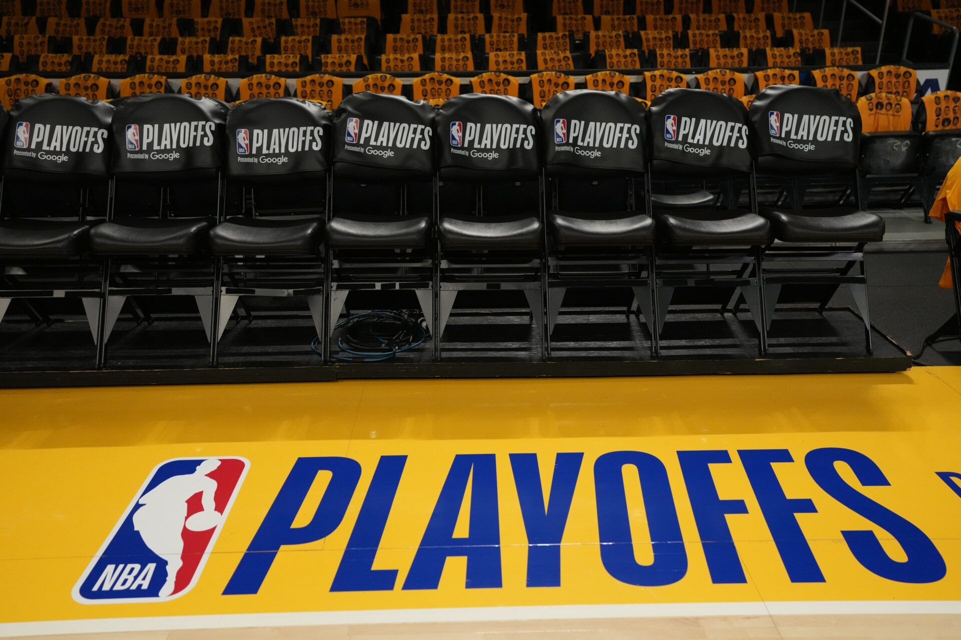 The NBA Playoffs logo on the court during game one of the first round of the 2026 NBA Playoffs between the Los Angeles Lakers and the Houston Rockets at Crypto.com Arena.