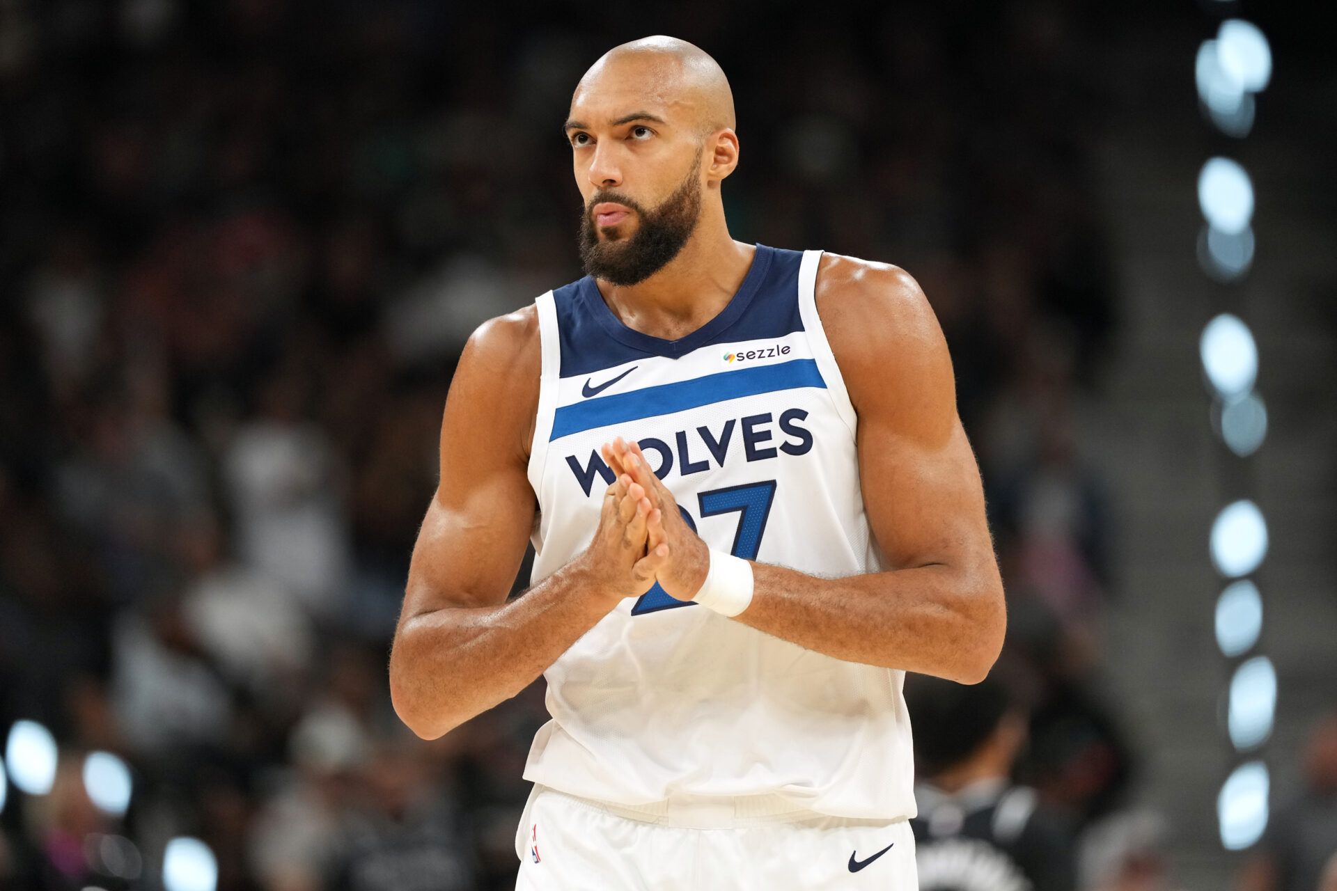 Minnesota Timberwolves center Rudy Gobert (27) during the first half of game five of the first round of the 2026 NBA Playoffs against the San Antonio Spurs at Frost Bank Center.