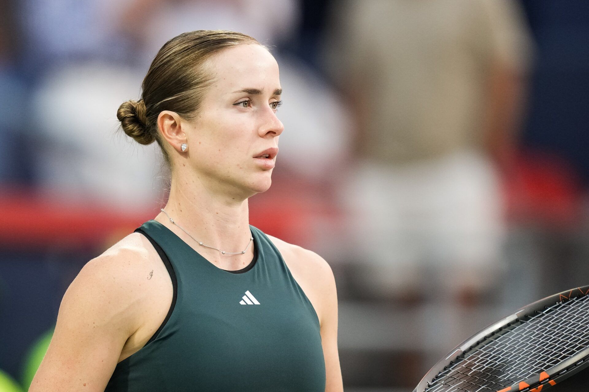 Elina Svitolina (UKR) looks on against Naomi Osaka (JPN) in quarterfinal play at IGA Stadium.