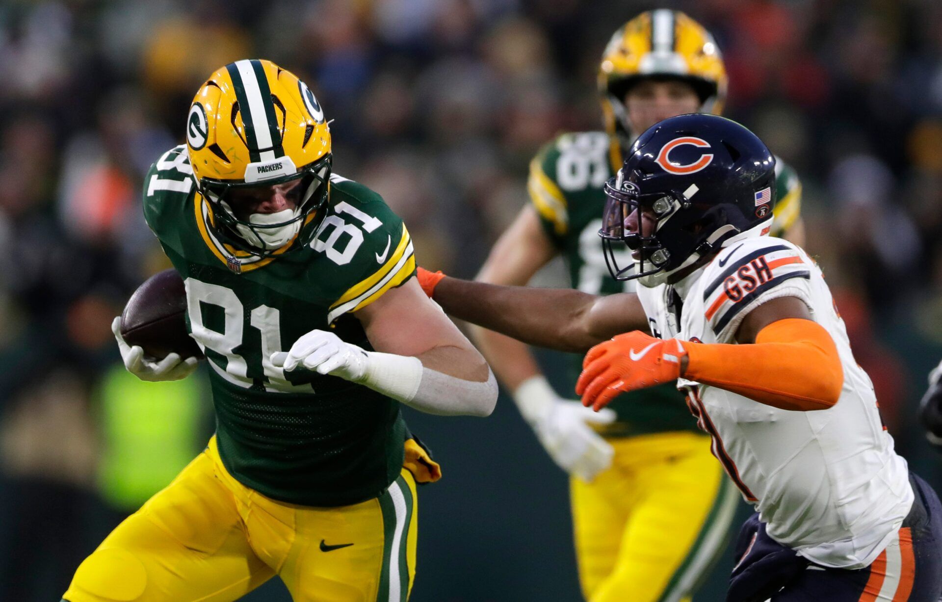 Green Bay Packers tight end Josh Whyle (81) runs the ball during a football game against the Chicago Bears on Dec. 7, 2025, at Lambeau Field in Green Bay, Wis. The Packers defeated the Bears 28-21.