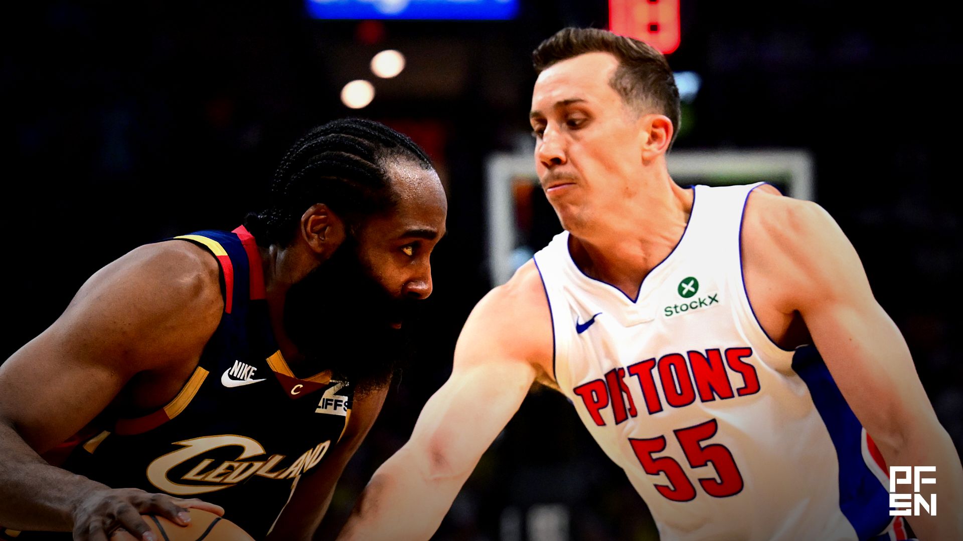 Cleveland Cavaliers guard James Harden (1) drives to the basket against Detroit Pistons forward Duncan Robinson (55) during the second half of game four in the second round of the 2026 NBA Playoffs at Rocket Arena.