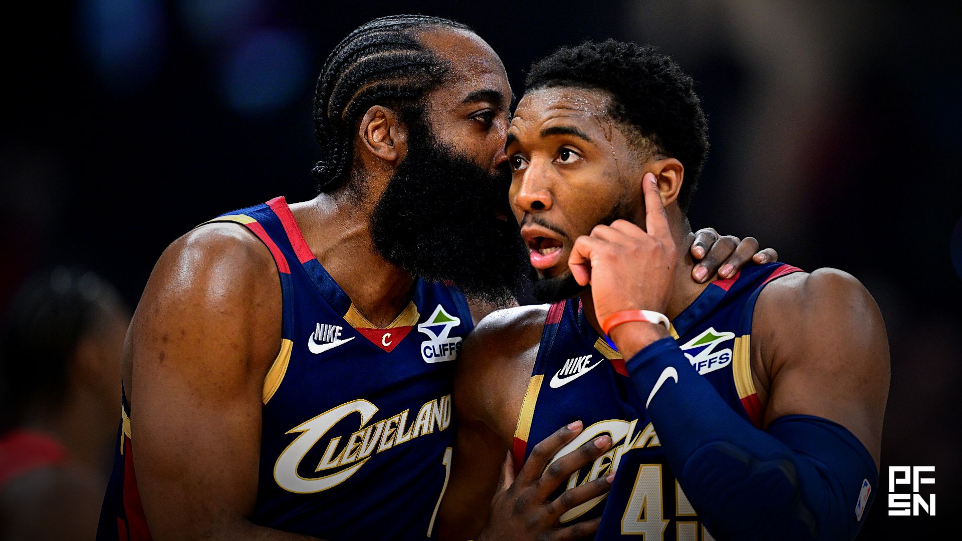 Cleveland Cavaliers guard Donovan Mitchell (45) talks with guard James Harden (1) during the first half during game two of the first round of the 2026 NBA Playoffs against the Toronto Raptors at Rocket Arena.