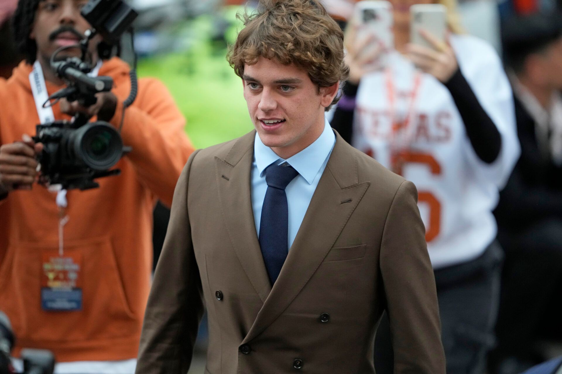 Texas Longhorns quarterback Arch Manning enters Darrell K Royal-Texas Memorial Stadium before a game against the Texas A&M Aggies.