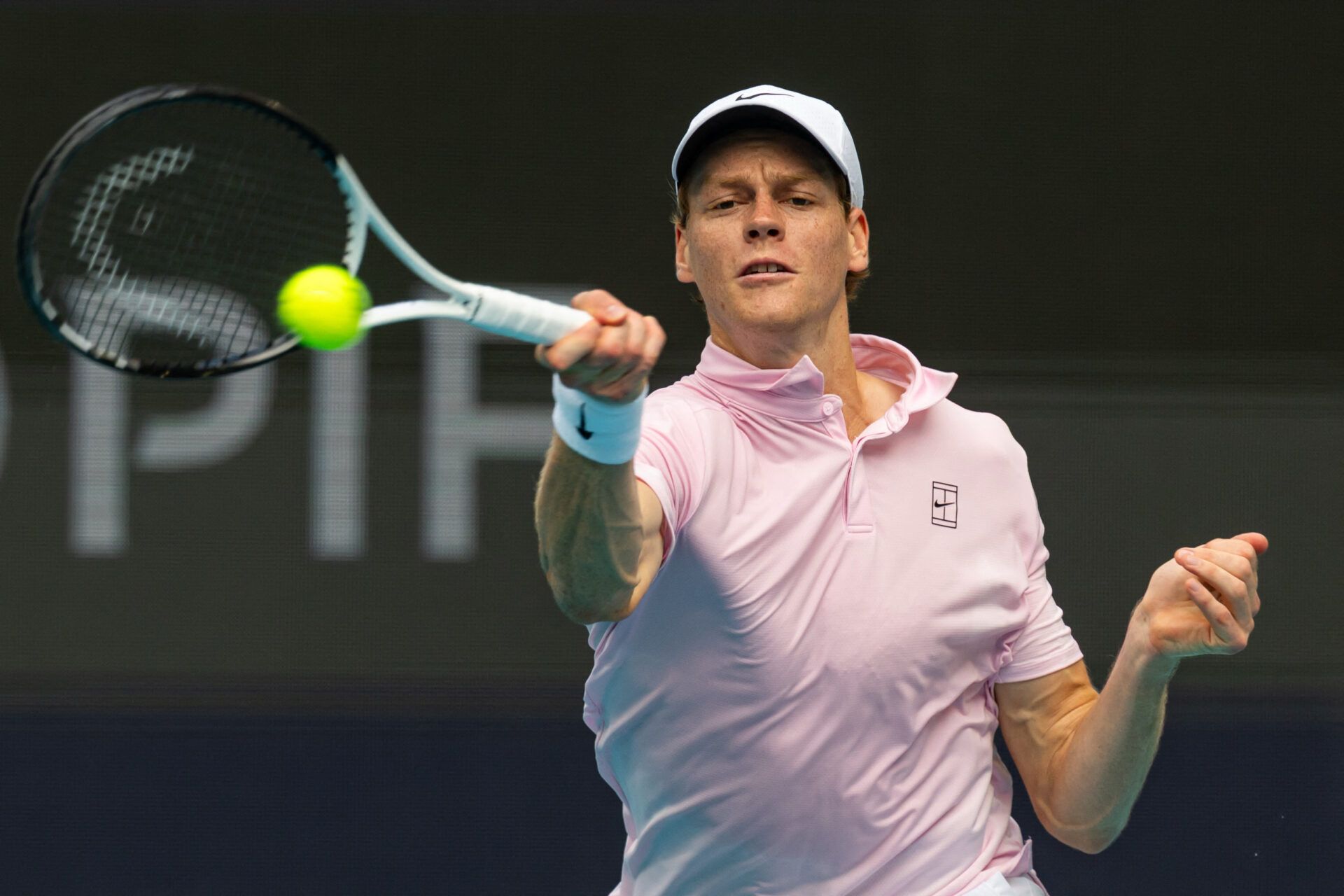 Jannik Sinner of Italy hits a forehand against Jiri Lehecka of the Czech Republic during the final of the men’s singles final of the Miami Open at the Hard Rock Stadium.