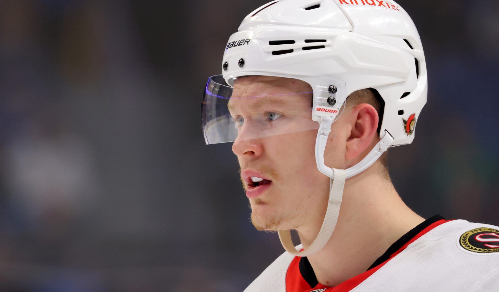 Ottawa Senators left wing Brady Tkachuk (7) during a stoppage in play against the Buffalo Sabres at KeyBank Center.