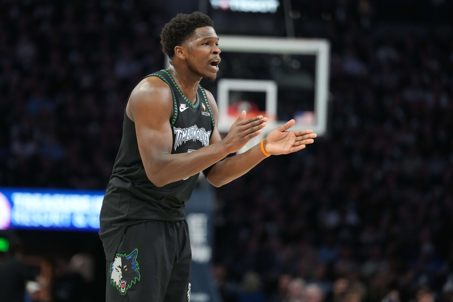 Minnesota Timberwolves guard Anthony Edwards (5) looks on against the San Antonio Spurs in the first half during game six of the second round of the 2026 NBA Playoffs at Target Center.