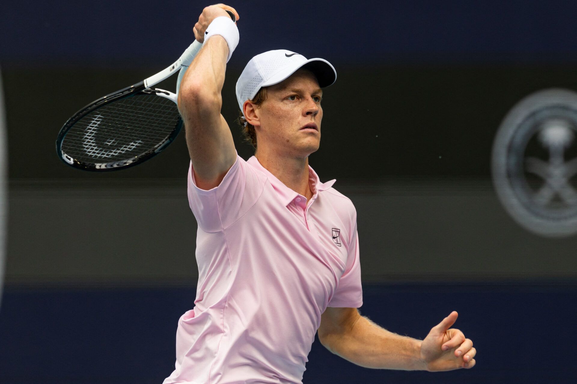Jannik Sinner of Italy hits a forehand against Jiri Lehecka of the Czech Republic during the final of the men’s singles final of the Miami Open at the Hard Rock Stadium.