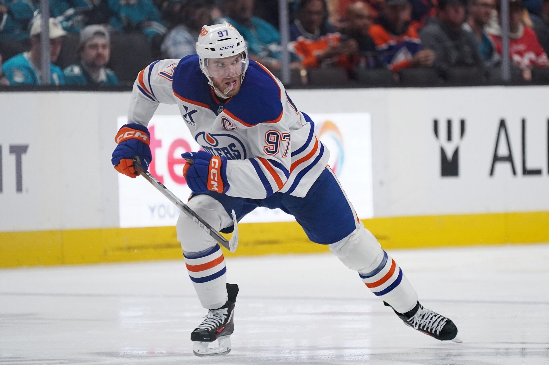 Edmonton Oilers center Connor McDavid (97) looks for the puck during a game against the San Jose Sharks in the second period at SAP Center at San Jose.