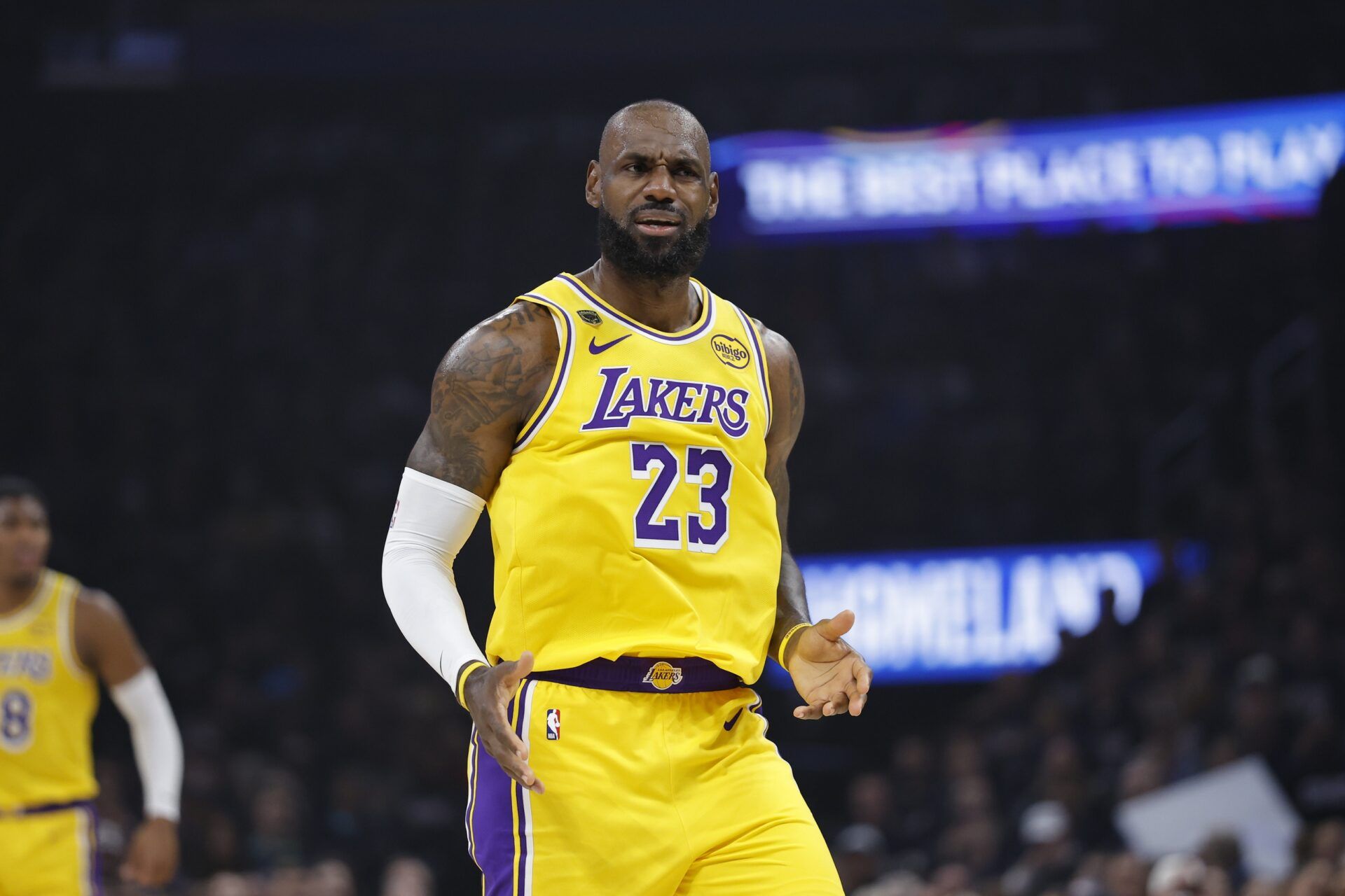 Los Angeles Lakers forward LeBron James (23) reacts after a play against the Oklahoma City Thunder in the first half during game two of the second round of the 2026 NBA Playoffs at Paycom Center.