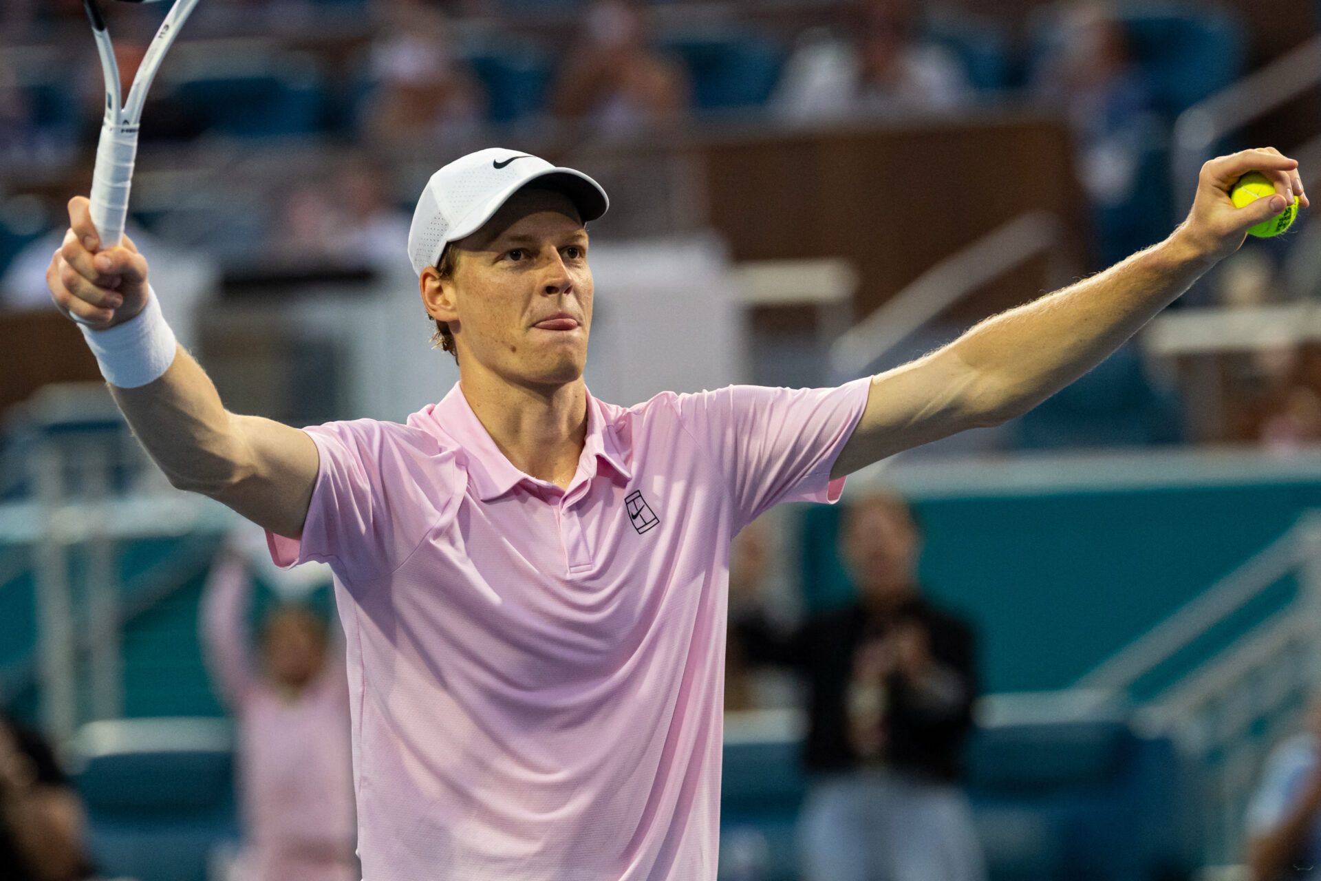 Jannik Sinner of Italy celebrates his victory over Jiri Lehecka of the Czech Republic in the final of the men’s singles at the Miami Open at the Hard Rock Stadium.