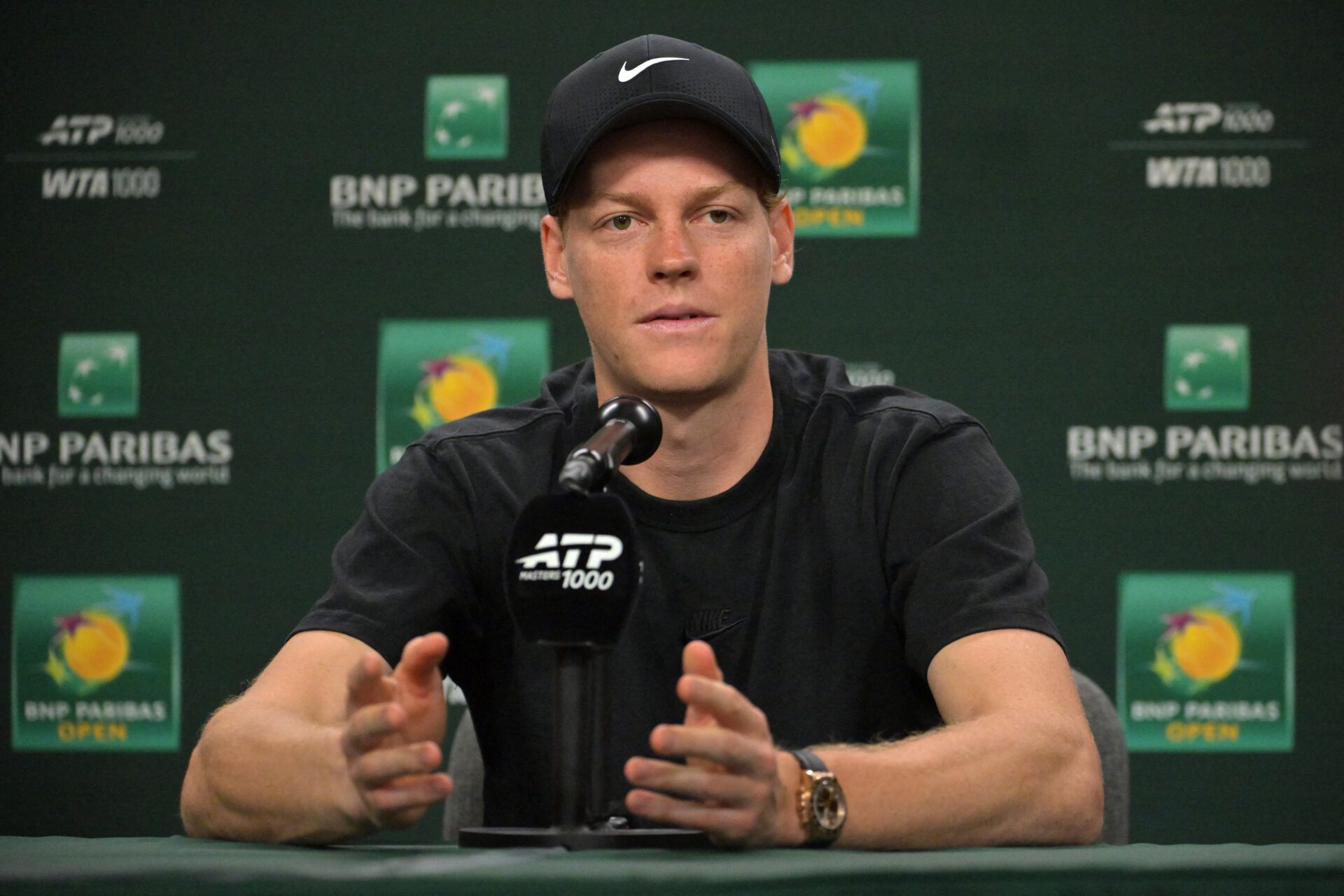 Jannik Sinner (ITA) speaks at a news conference during the BNP Paribas Open at the Indian Wells Tennis Garden.