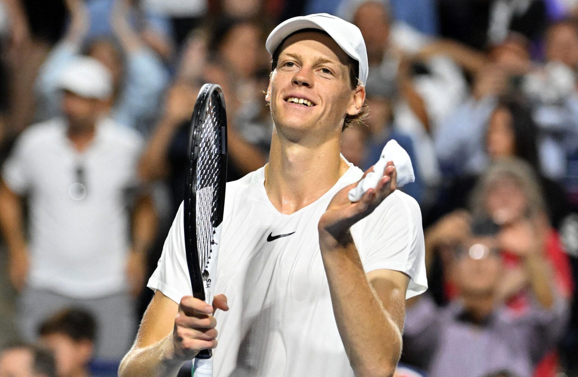 Jannik Sinner (ITA) celebrates after defeating Tommy Paul (USA) (not pictured) in semi-final play at Sobeys Stadium.