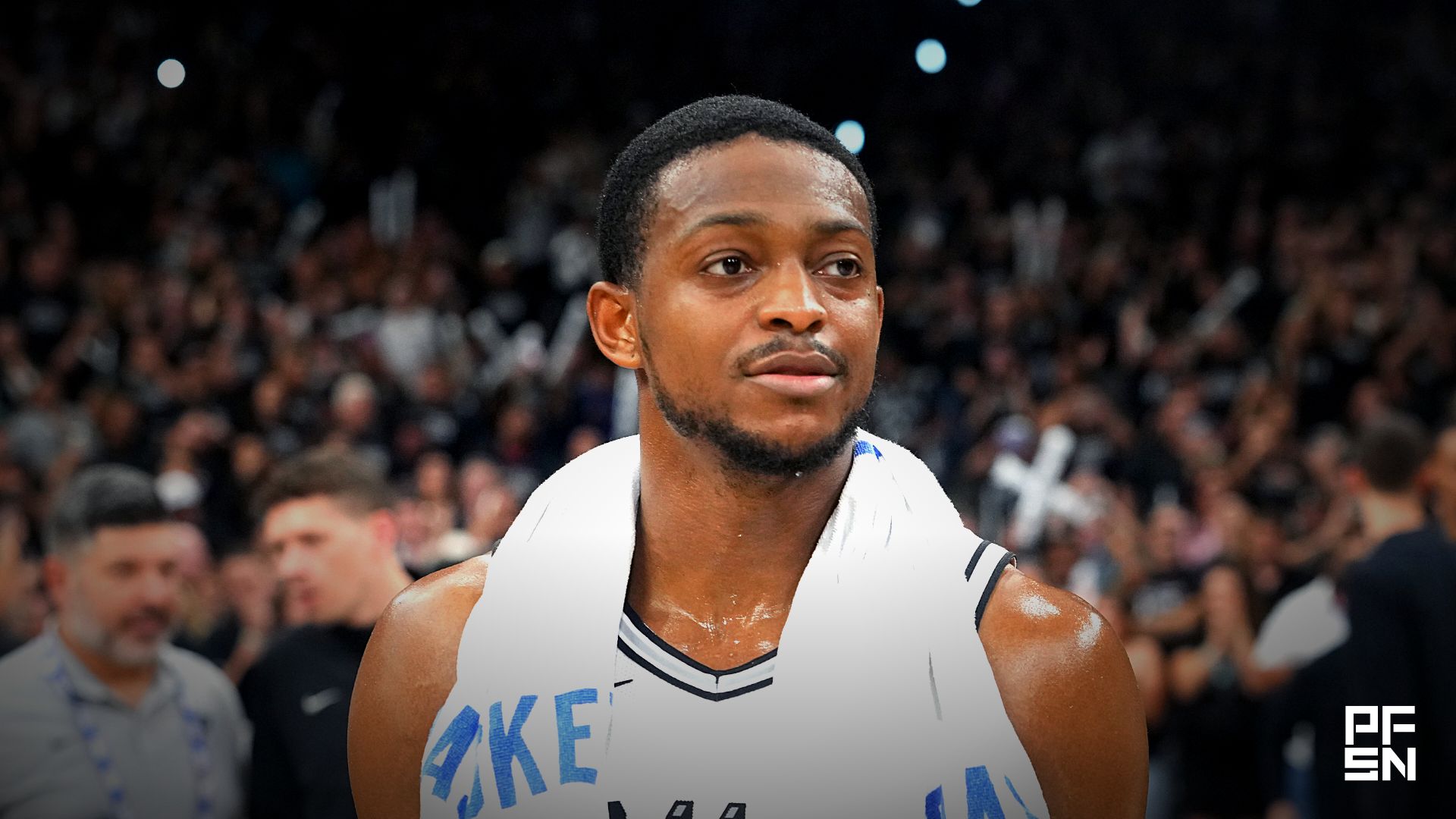 San Antonio Spurs guard DeâAaron Fox (4) after a victory over the Portland Trail Blazers in game five of the first round of the 2026 NBA Playoffs at Frost Bank Center.