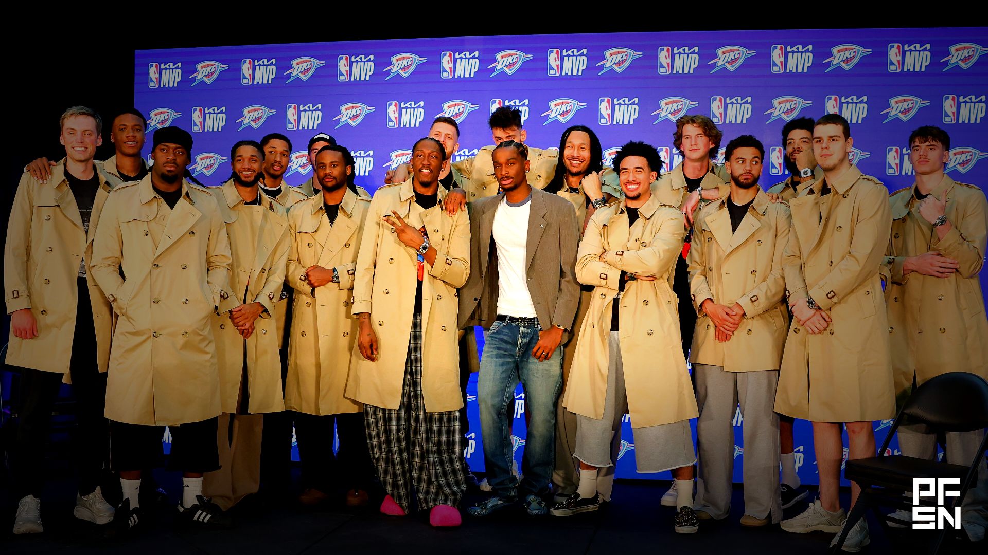 Oklahoma City Thunder guard Shai Gilgeous-Alexander stands with his teammates for a photo after a press conference announcing he won the 2025-2026 NBA Most Valuable Player award.